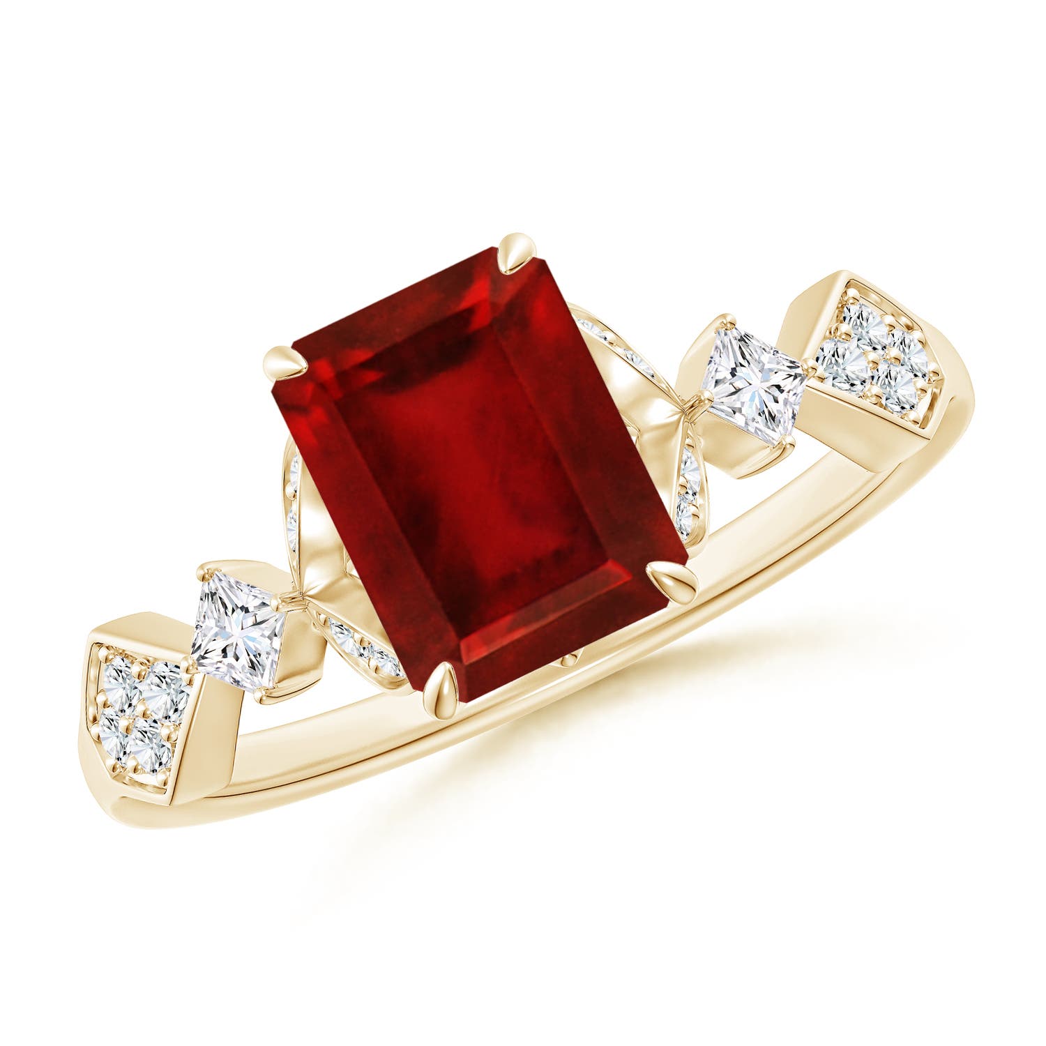 Vintage Style Cushion Rectangular Ruby Engagement Ring with Leaf Motifs