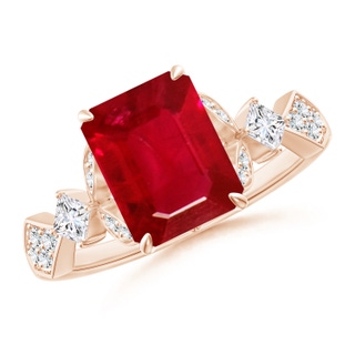 9x7mm AAA Vintage Style Emerald-Cut Ruby Engagement Ring with Leaf Motifs in 18K Rose Gold