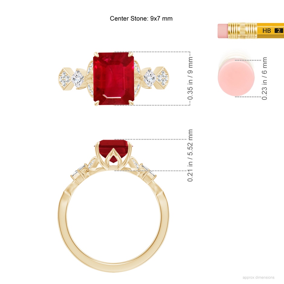 9x7mm AAA Vintage Style Emerald-Cut Ruby Engagement Ring with Leaf Motifs in Yellow Gold ruler