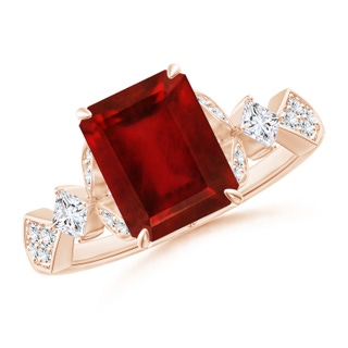 9x7mm AAAA Vintage Style Emerald-Cut Ruby Engagement Ring with Leaf Motifs in Rose Gold