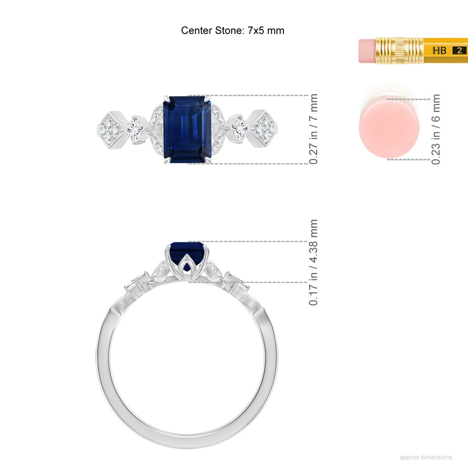 7x5mm AAA Vintage Style Emerald-Cut Blue Sapphire Engagement Ring with Leaf Motifs in P950 Platinum ruler