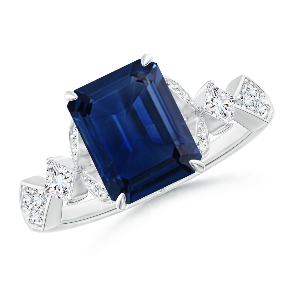 9x7mm AAA Vintage Style Emerald-Cut Blue Sapphire Engagement Ring with Leaf Motifs in White Gold 