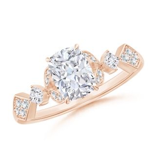 7x5mm GVS2 Vintage Style Cushion Rectangular Diamond Engagement Ring with Leaf Motifs in Rose Gold