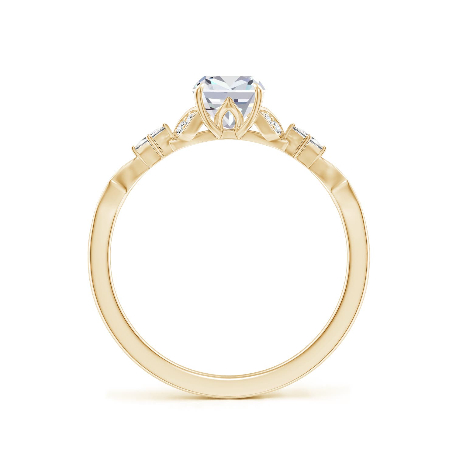 7x5mm GVS2 Vintage Style Cushion Rectangular Diamond Engagement Ring with Leaf Motifs in Yellow Gold