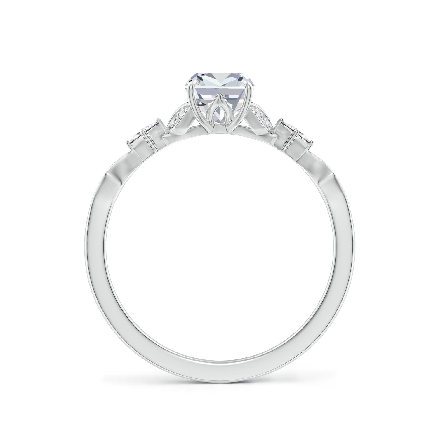 7x5mm HSI2 Vintage Style Cushion Rectangular Diamond Engagement Ring with Leaf Motifs in White Gold - side 2