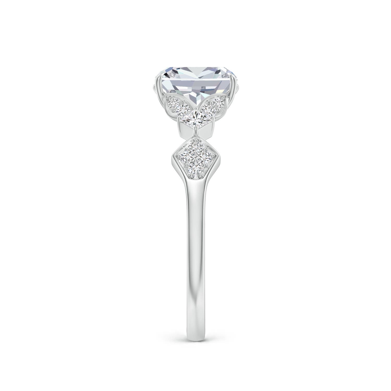 7x5mm HSI2 Vintage Style Cushion Rectangular Diamond Engagement Ring with Leaf Motifs in White Gold - side 3