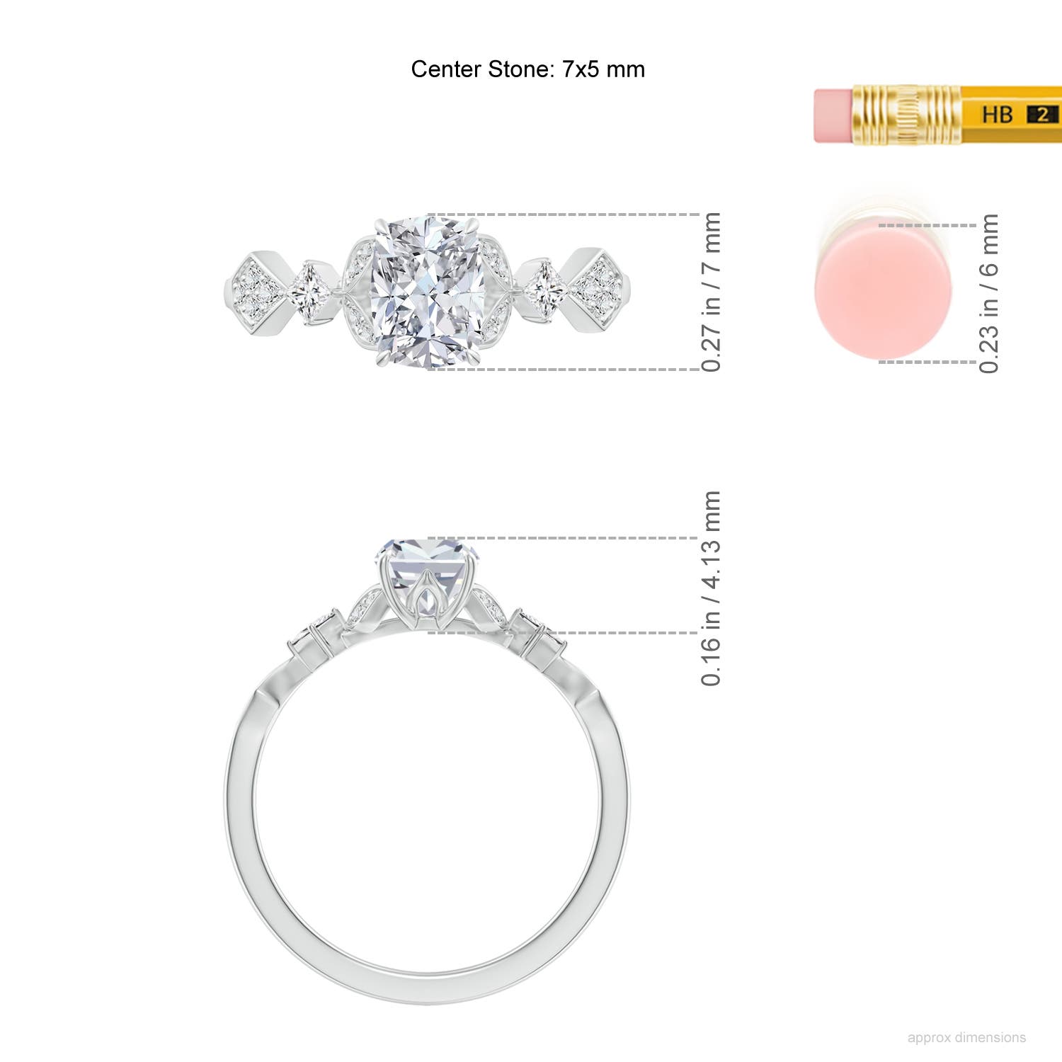7x5mm HSI2 Vintage Style Cushion Rectangular Diamond Engagement Ring with Leaf Motifs in White Gold - ruler