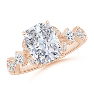 8.5x6.5mm HSI2 Vintage Style Cushion Rectangular Diamond Engagement Ring with Leaf Motifs in 18K Rose Gold