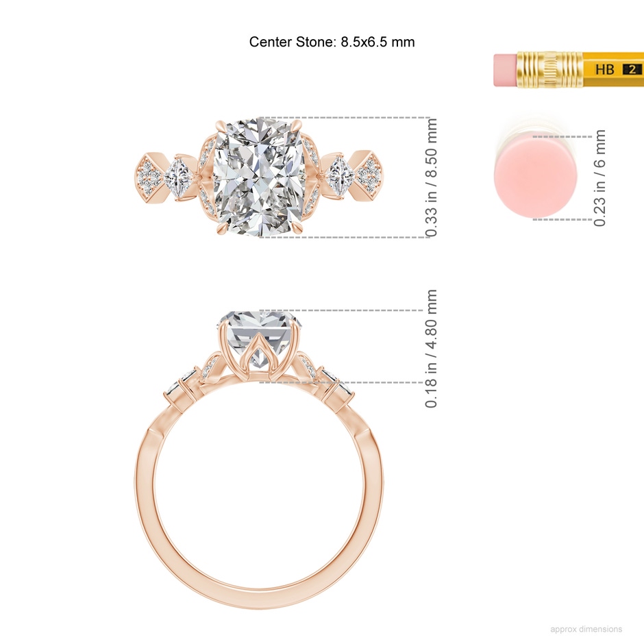 8.5x6.5mm IJI1I2 Vintage Style Cushion Rectangular Diamond Engagement Ring with Leaf Motifs in 18K Rose Gold ruler