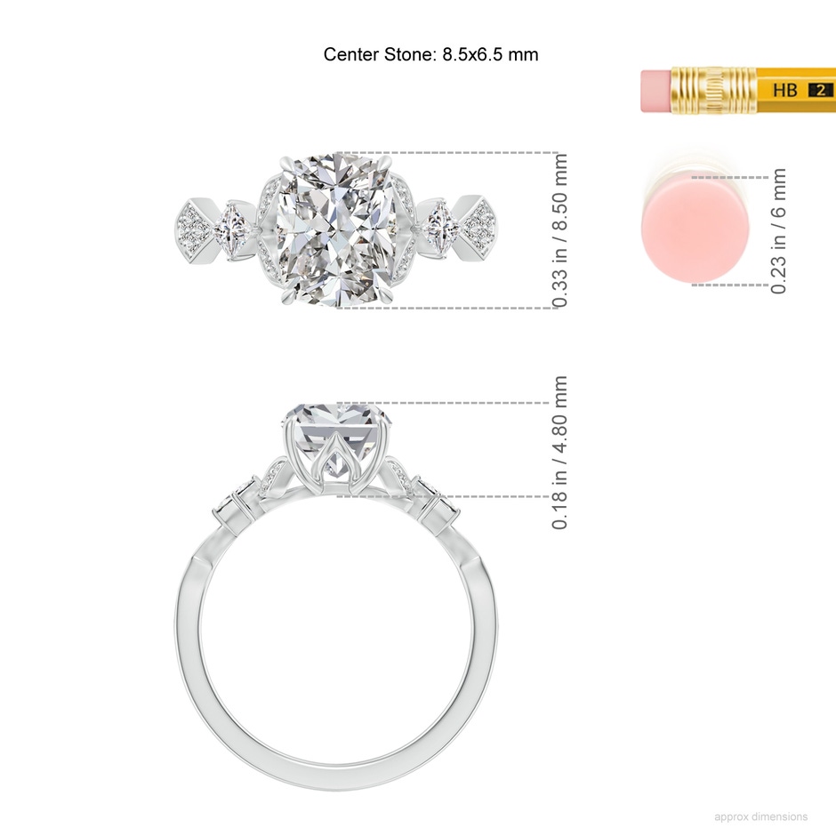 8.5x6.5mm IJI1I2 Vintage Style Cushion Rectangular Diamond Engagement Ring with Leaf Motifs in P950 Platinum ruler