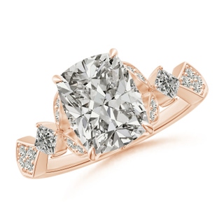 8.5x6.5mm KI3 Vintage Style Cushion Rectangular Diamond Engagement Ring with Leaf Motifs in 18K Rose Gold