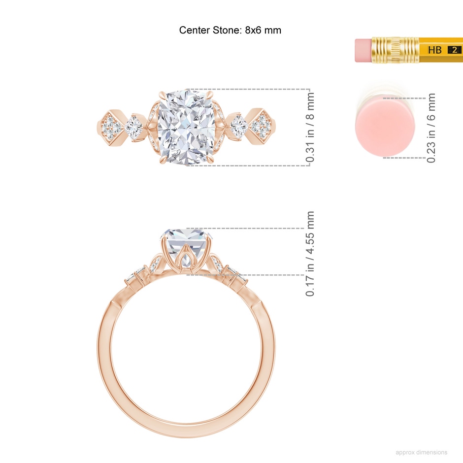 8x6mm GVS2 Vintage Style Cushion Rectangular Diamond Engagement Ring with Leaf Motifs in 18K Rose Gold ruler