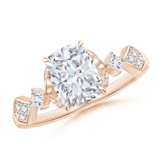 8x6mm GVS2 Vintage Style Cushion Rectangular Diamond Engagement Ring with Leaf Motifs in Rose Gold