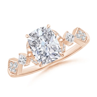 8x6mm HSI2 Vintage Style Cushion Rectangular Diamond Engagement Ring with Leaf Motifs in 18K Rose Gold