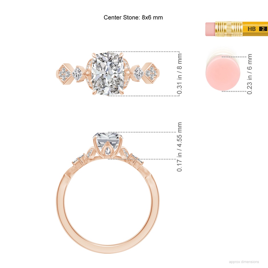 8x6mm IJI1I2 Vintage Style Cushion Rectangular Diamond Engagement Ring with Leaf Motifs in 18K Rose Gold ruler