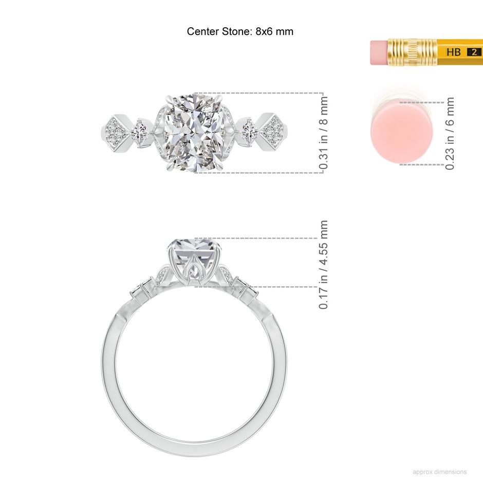 8x6mm IJI1I2 Vintage Style Cushion Rectangular Diamond Engagement Ring with Leaf Motifs in P950 Platinum ruler