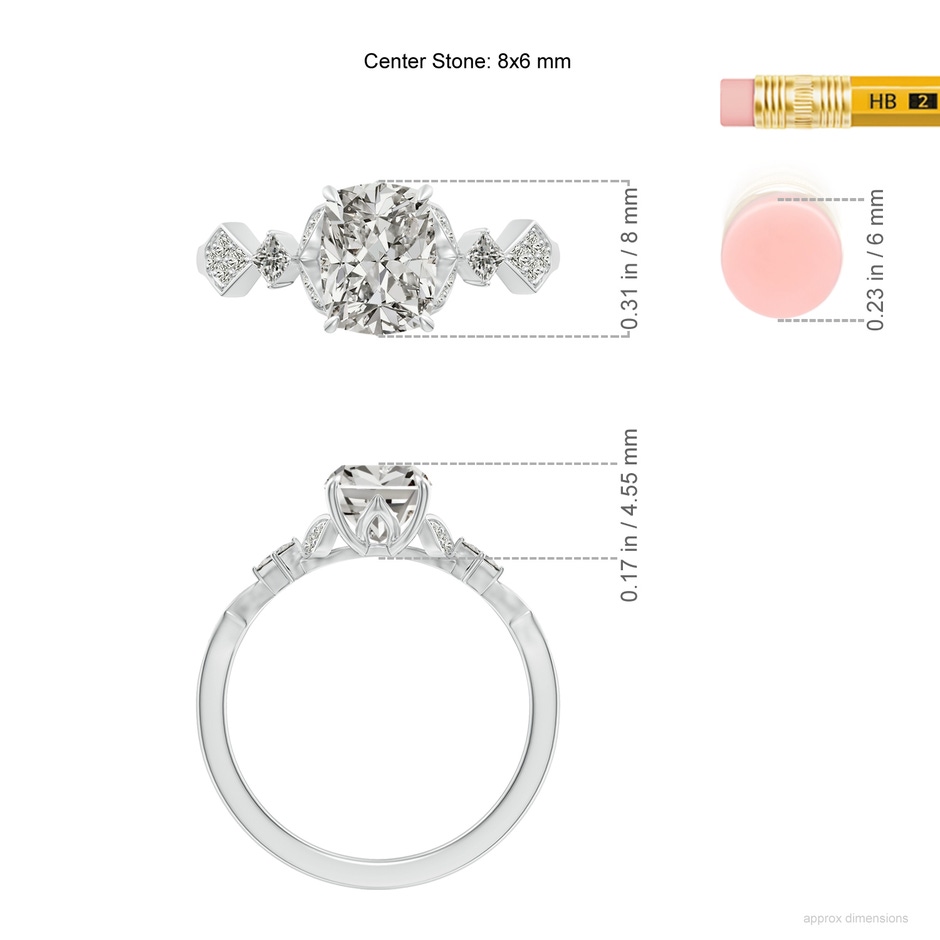 8x6mm KI3 Vintage Style Cushion Rectangular Diamond Engagement Ring with Leaf Motifs in P950 Platinum ruler