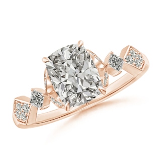 8x6mm KI3 Vintage Style Cushion Rectangular Diamond Engagement Ring with Leaf Motifs in Rose Gold