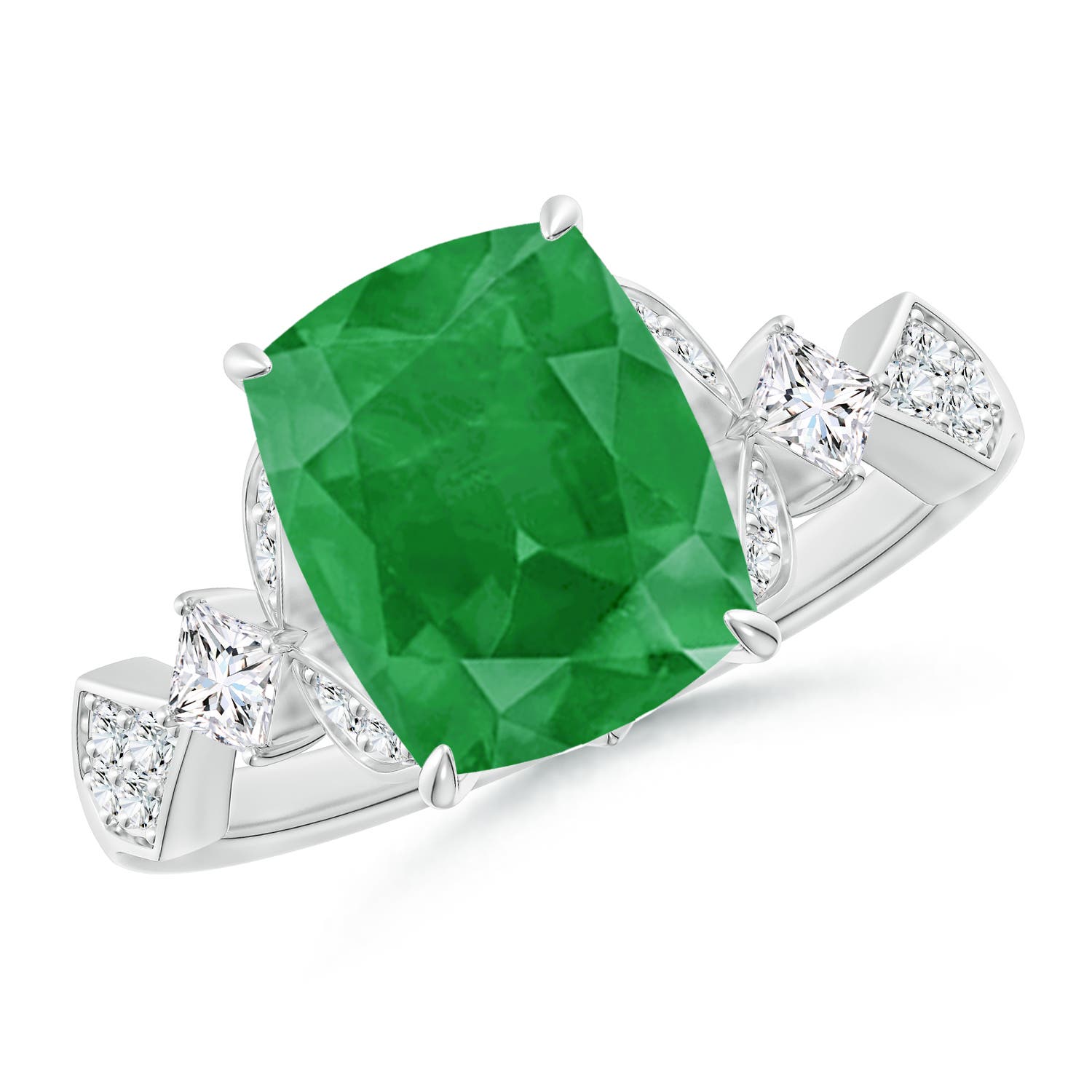 10x8mm A Vintage Style Cushion Rectangular Emerald Engagement Ring with Leaf Motifs in P950 Platinum