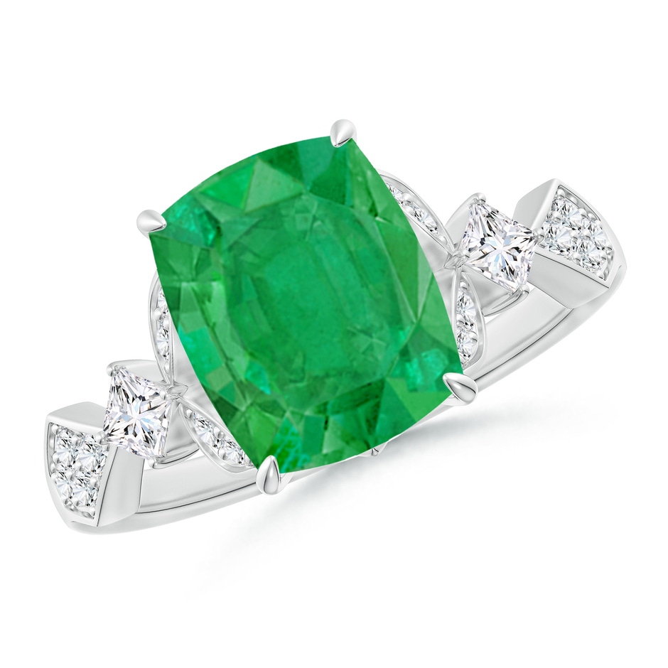 10x8mm AA Vintage Style Cushion Rectangular Emerald Engagement Ring with Leaf Motifs in 18K White Gold 
