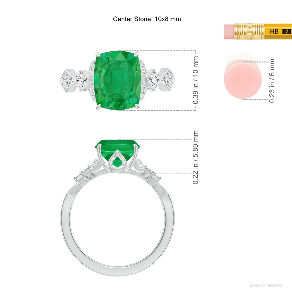 10x8mm AA Vintage Style Cushion Rectangular Emerald Engagement Ring with Leaf Motifs in White Gold ruler