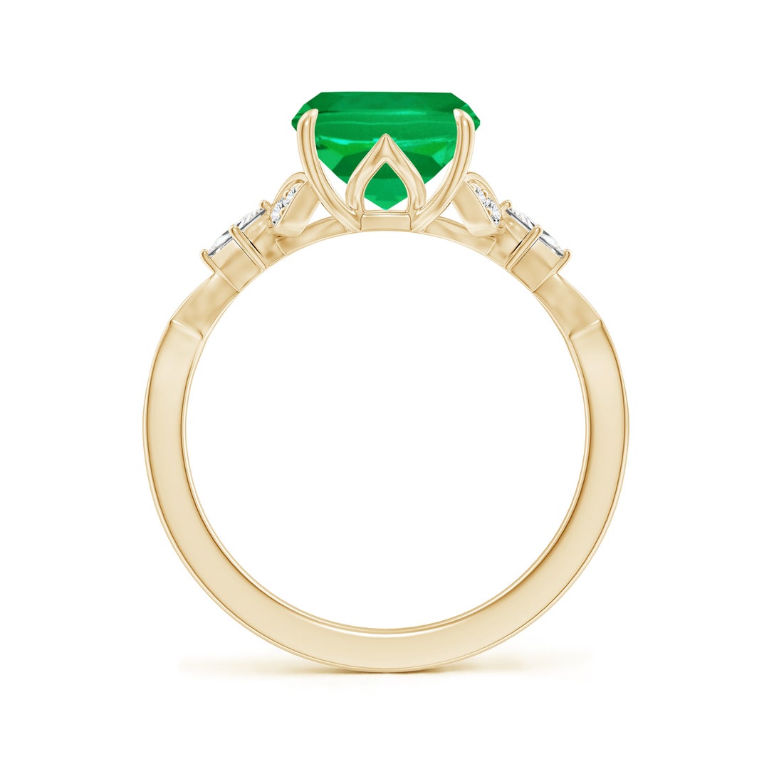 10x8mm AAA Vintage Style Cushion Rectangular Emerald Engagement Ring with Leaf Motifs in Yellow Gold - side 2