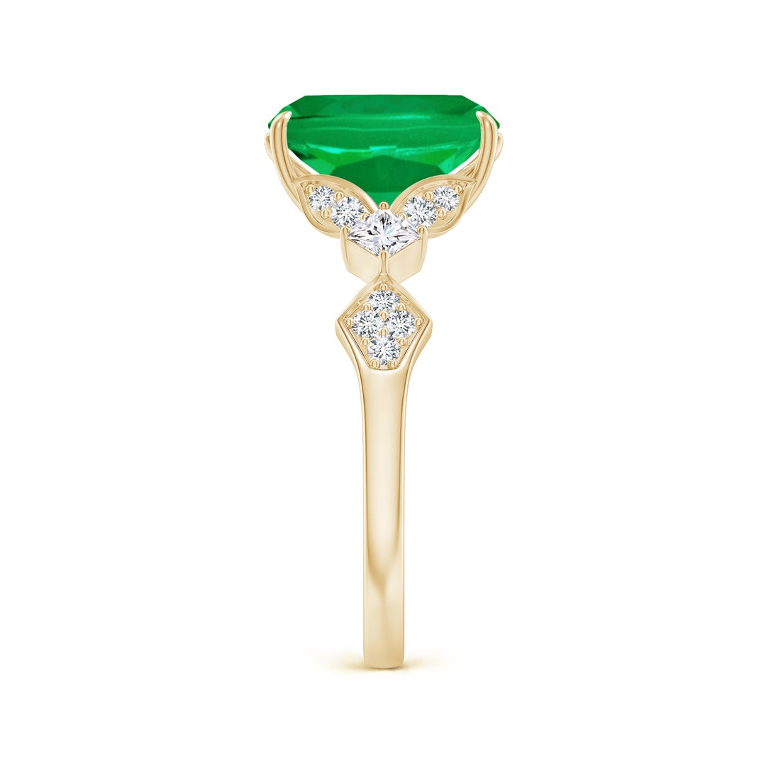 10x8mm AAA Vintage Style Cushion Rectangular Emerald Engagement Ring with Leaf Motifs in Yellow Gold - side 3