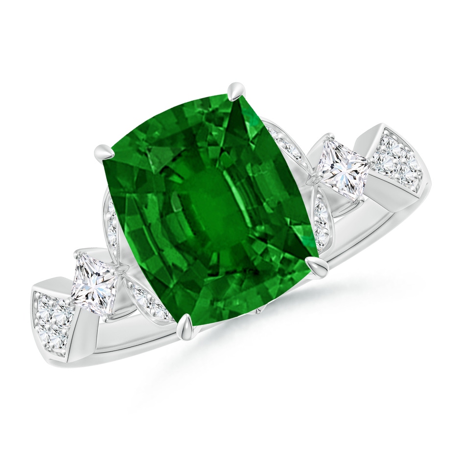 10x8mm AAAA Vintage Style Cushion Rectangular Emerald Engagement Ring with Leaf Motifs in P950 Platinum 