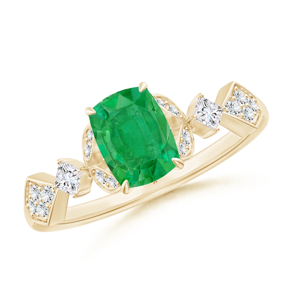 7x5mm AA Vintage Style Cushion Rectangular Emerald Engagement Ring with Leaf Motifs in Yellow Gold 