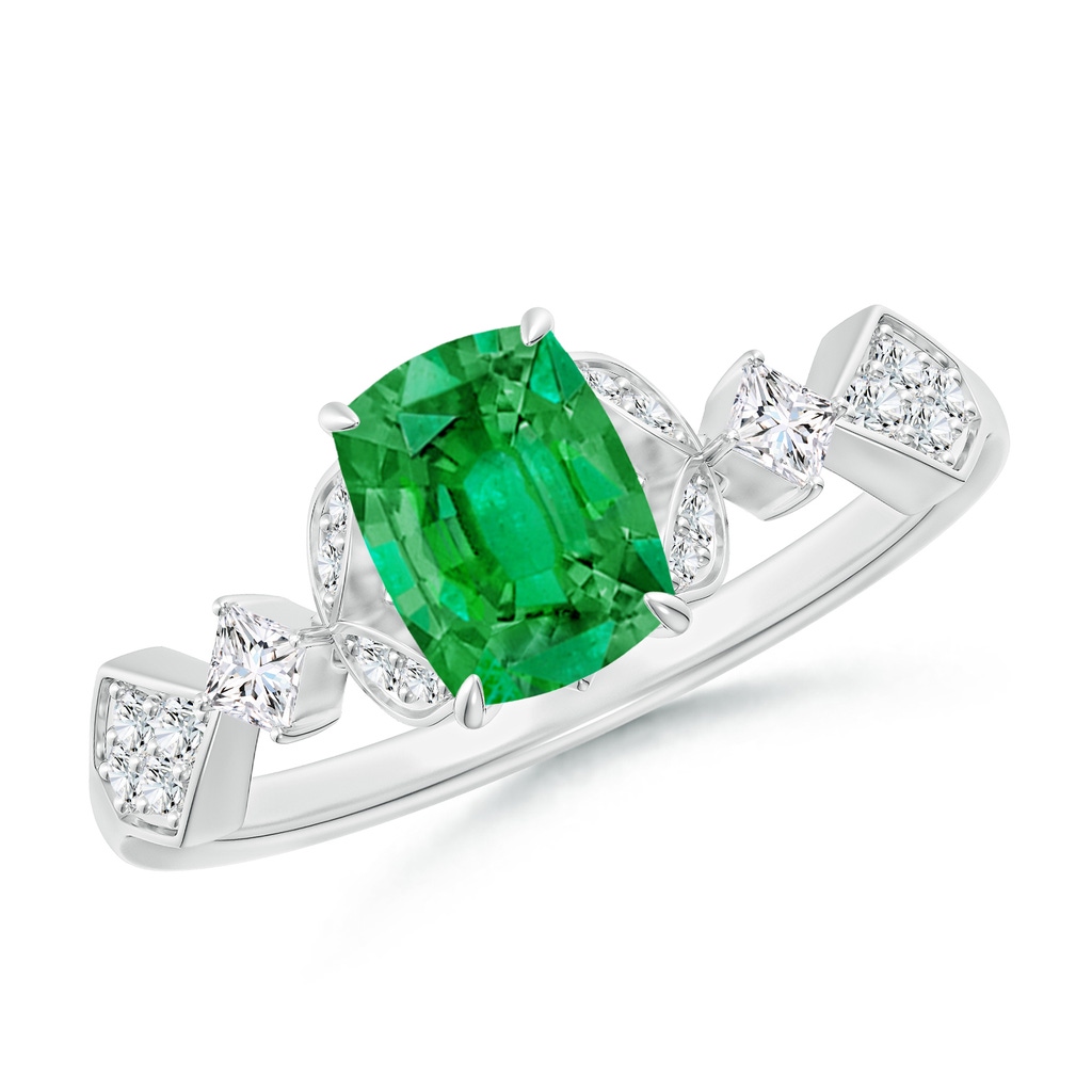 7x5mm AAA Vintage Style Cushion Rectangular Emerald Engagement Ring with Leaf Motifs in White Gold