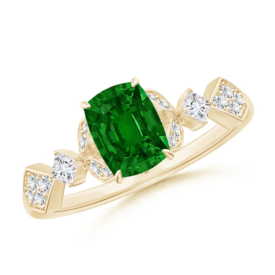 7x5mm AAAA Vintage Style Cushion Rectangular Emerald Engagement Ring with Leaf Motifs in Yellow Gold 