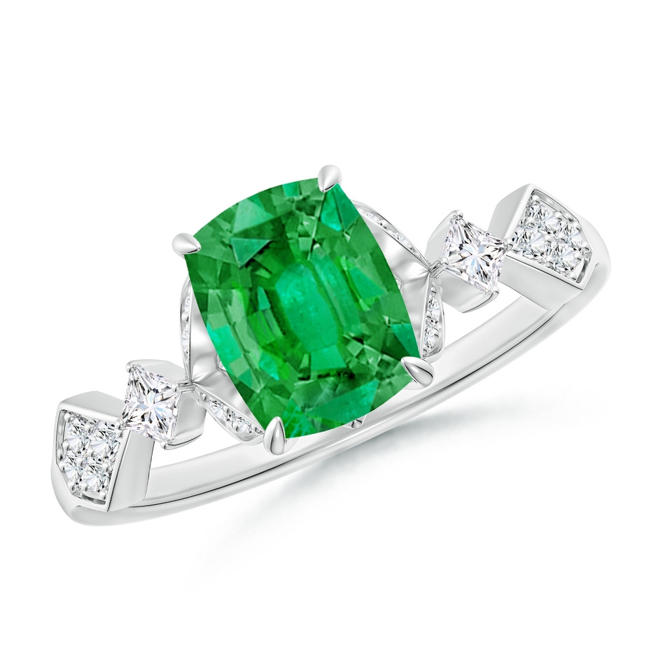 8x6mm AAA Vintage Style Cushion Rectangular Emerald Engagement Ring with Leaf Motifs in White Gold 