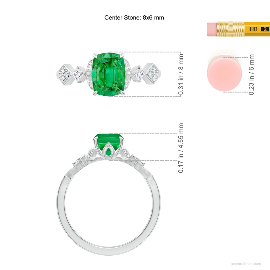 8x6mm AAA Vintage Style Cushion Rectangular Emerald Engagement Ring with Leaf Motifs in White Gold ruler