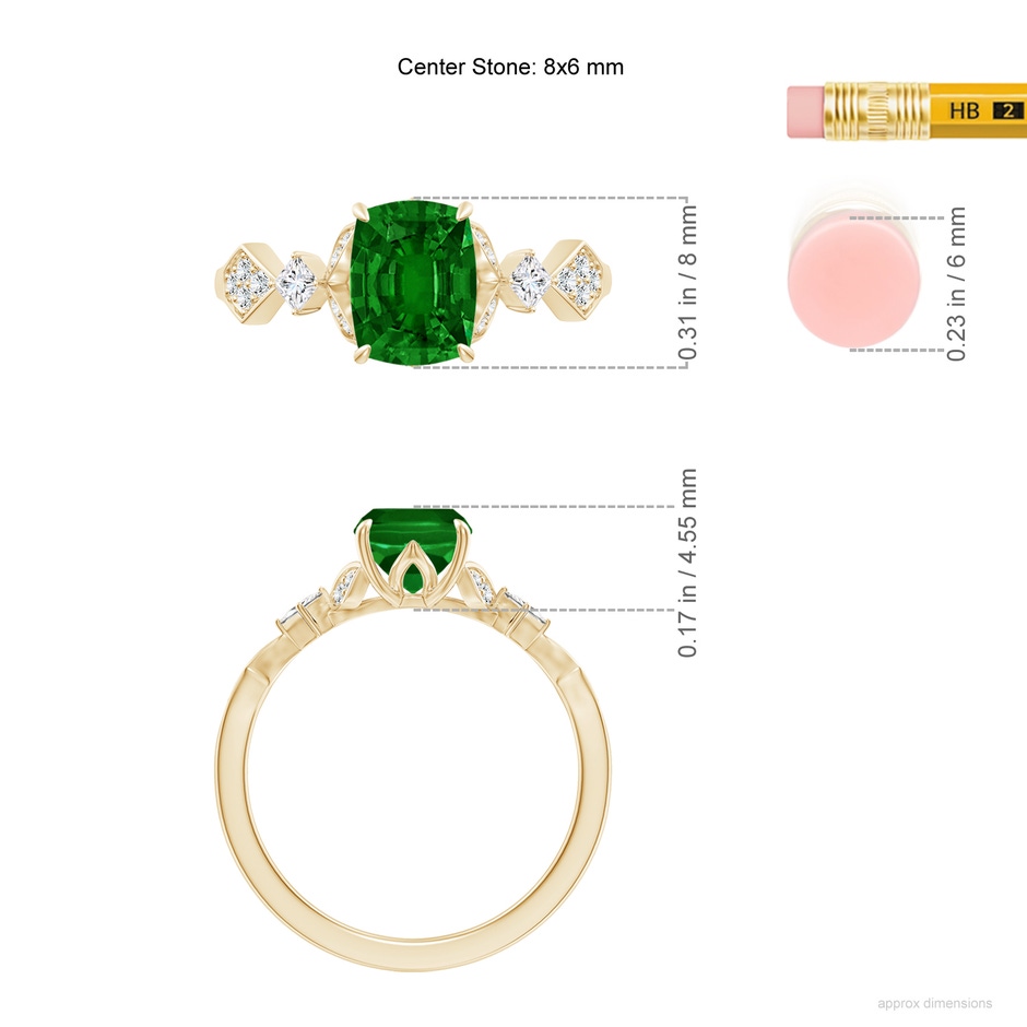 8x6mm AAAA Vintage Style Cushion Rectangular Emerald Engagement Ring with Leaf Motifs in Yellow Gold ruler