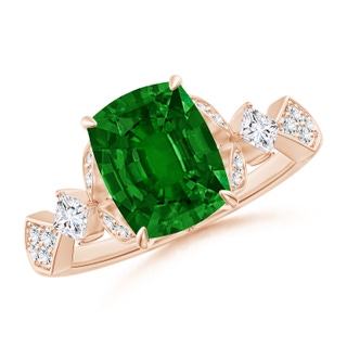 9x7mm AAAA Vintage Style Cushion Rectangular Emerald Engagement Ring with Leaf Motifs in 18K Rose Gold