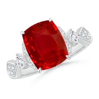 10x8mm AAA Vintage Style Cushion Rectangular Ruby Engagement Ring with Leaf Motifs in P950 Platinum