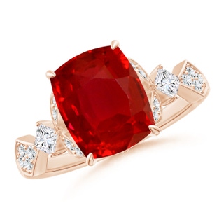 10x8mm AAA Vintage Style Cushion Rectangular Ruby Engagement Ring with Leaf Motifs in Rose Gold