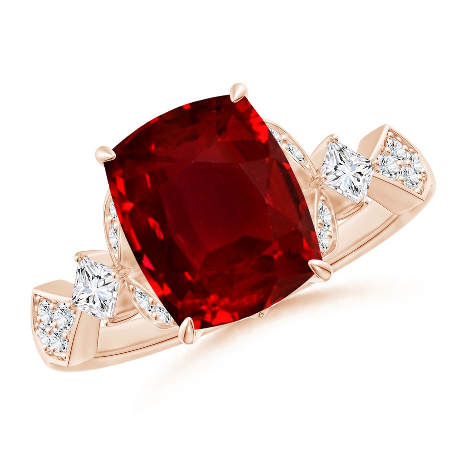 10x8mm AAAA Vintage Style Cushion Rectangular Ruby Engagement Ring with Leaf Motifs in Rose Gold 