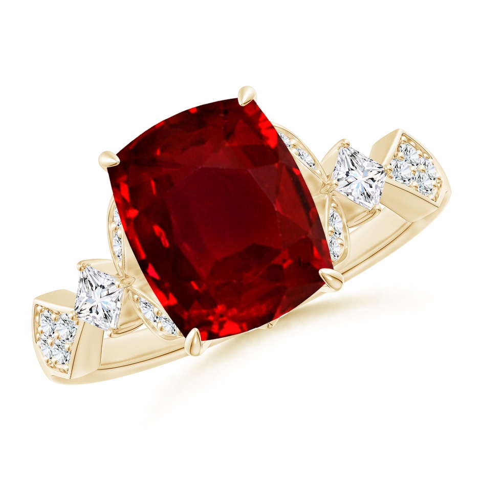 10x8mm AAAA Vintage Style Cushion Rectangular Ruby Engagement Ring with Leaf Motifs in Yellow Gold 