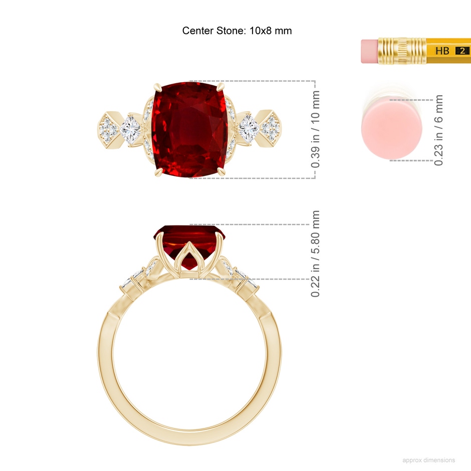 10x8mm AAAA Vintage Style Cushion Rectangular Ruby Engagement Ring with Leaf Motifs in Yellow Gold ruler