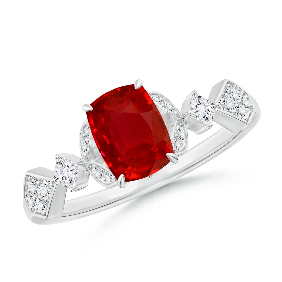 7x5mm AAA Vintage Style Cushion Rectangular Ruby Engagement Ring with Leaf Motifs in White Gold 