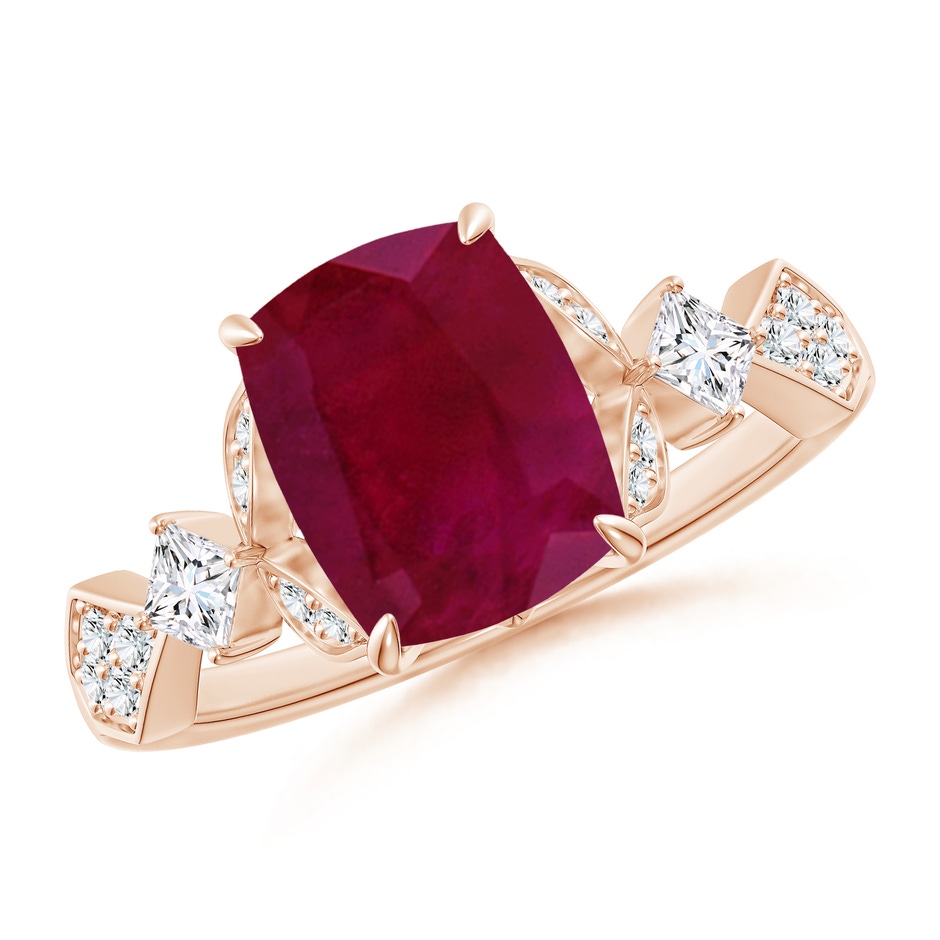 9x7mm A Vintage Style Cushion Rectangular Ruby Engagement Ring with Leaf Motifs in 18K Rose Gold 