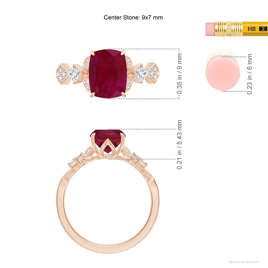9x7mm A Vintage Style Cushion Rectangular Ruby Engagement Ring with Leaf Motifs in 18K Rose Gold ruler