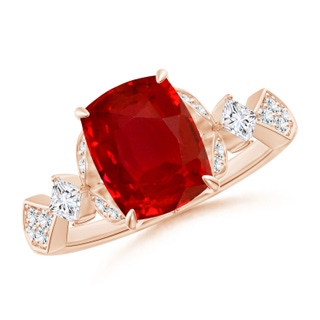 9x7mm AAA Vintage Style Cushion Rectangular Ruby Engagement Ring with Leaf Motifs in Rose Gold