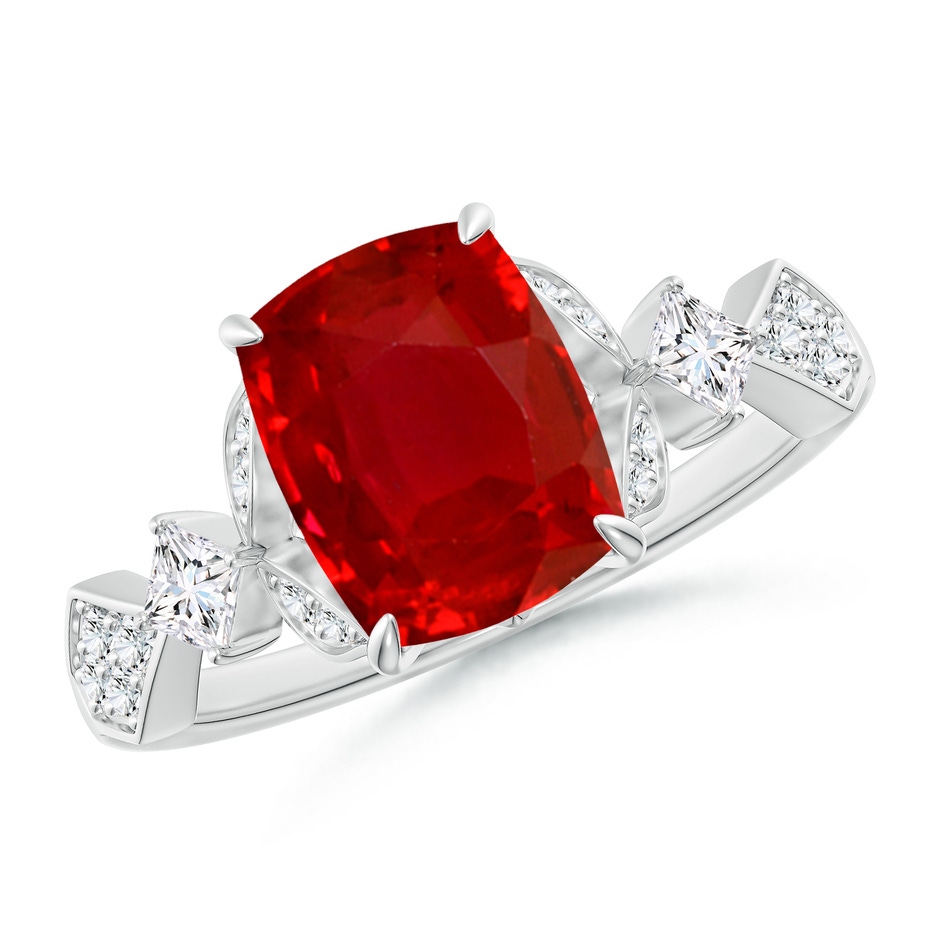 9x7mm AAA Vintage Style Cushion Rectangular Ruby Engagement Ring with Leaf Motifs in White Gold 