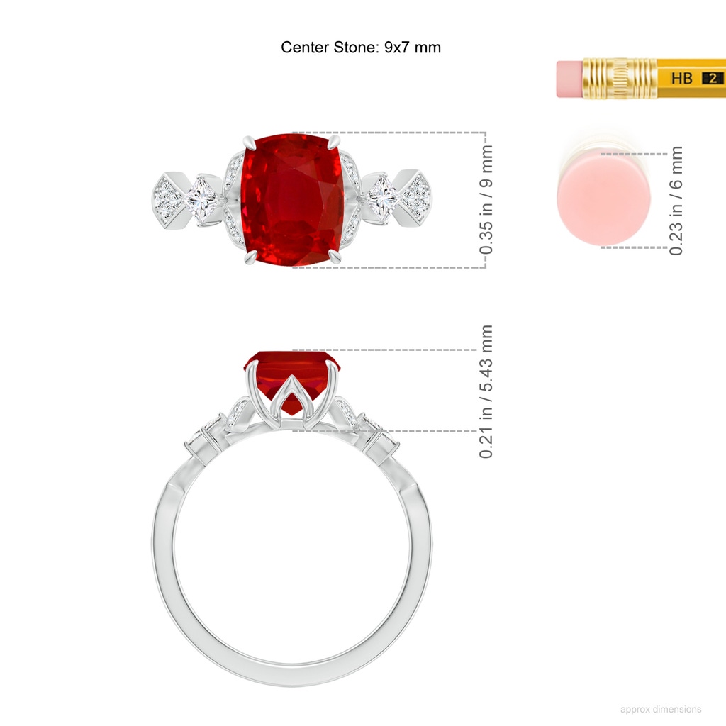 9x7mm AAA Vintage Style Cushion Rectangular Ruby Engagement Ring with Leaf Motifs in White Gold ruler
