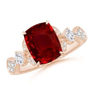9x7mm AAAA Vintage Style Cushion Rectangular Ruby Engagement Ring with Leaf Motifs in 18K Rose Gold