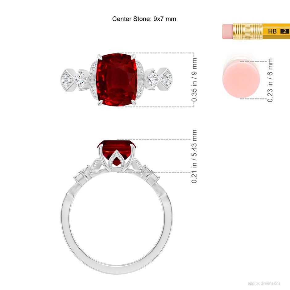9x7mm AAAA Vintage Style Cushion Rectangular Ruby Engagement Ring with Leaf Motifs in P950 Platinum ruler