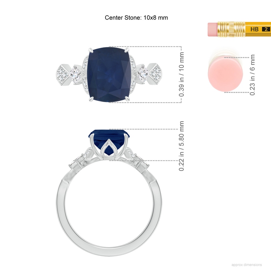 10x8mm A Vintage Style Cushion Rectangular Blue Sapphire Engagement Ring with Leaf Motifs in White Gold ruler