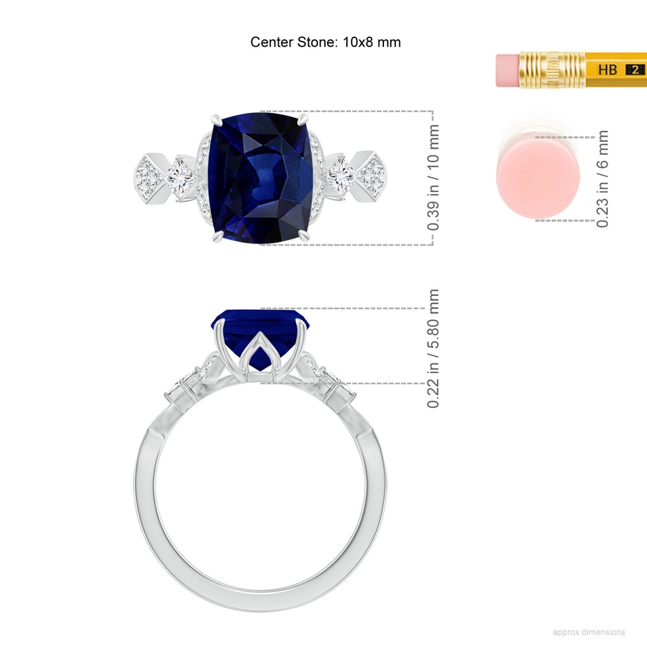 10x8mm AAA Vintage Style Cushion Rectangular Blue Sapphire Engagement Ring with Leaf Motifs in White Gold ruler